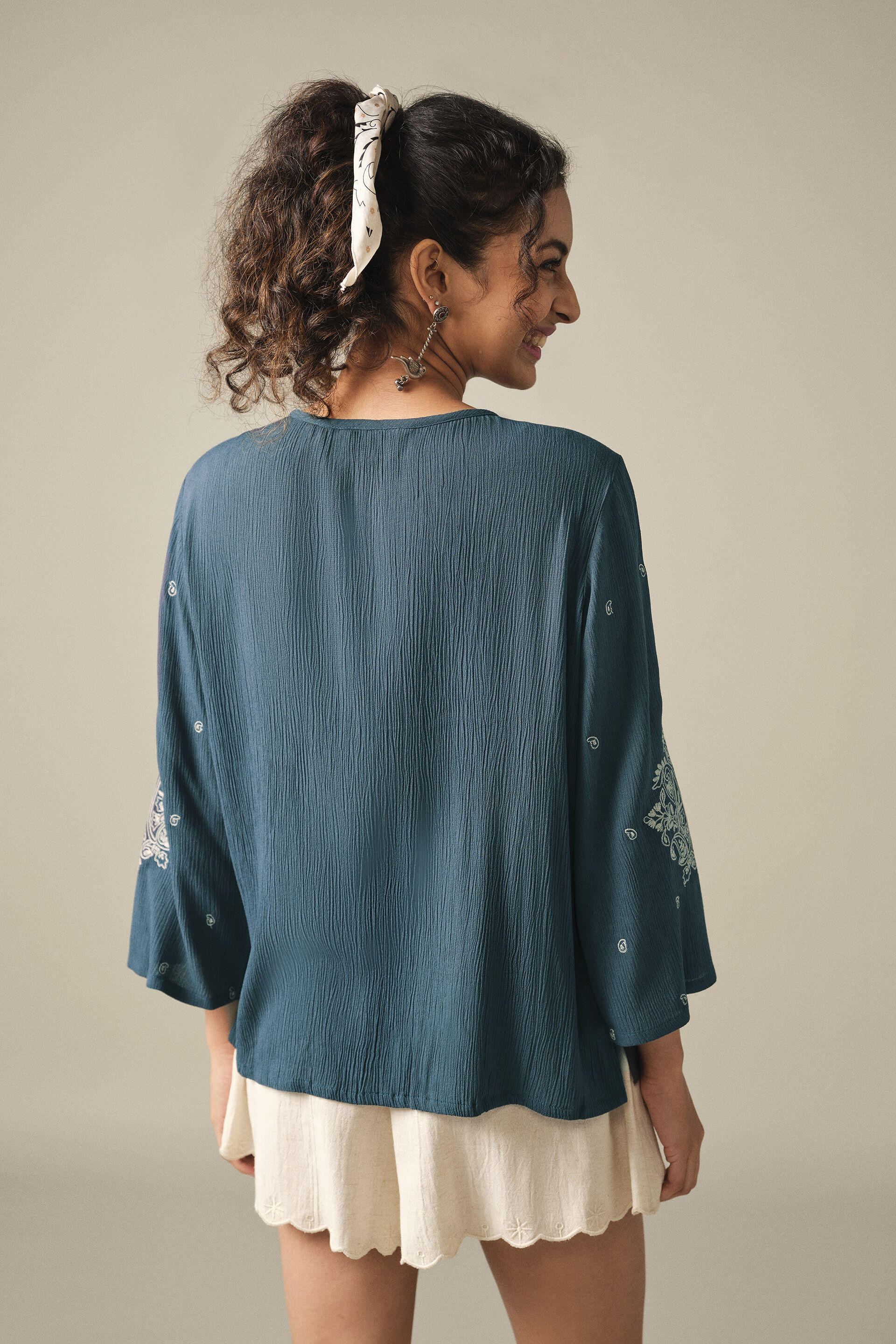 Embroidery Bell Sleeves Top in Indigo, Indigo, image 6